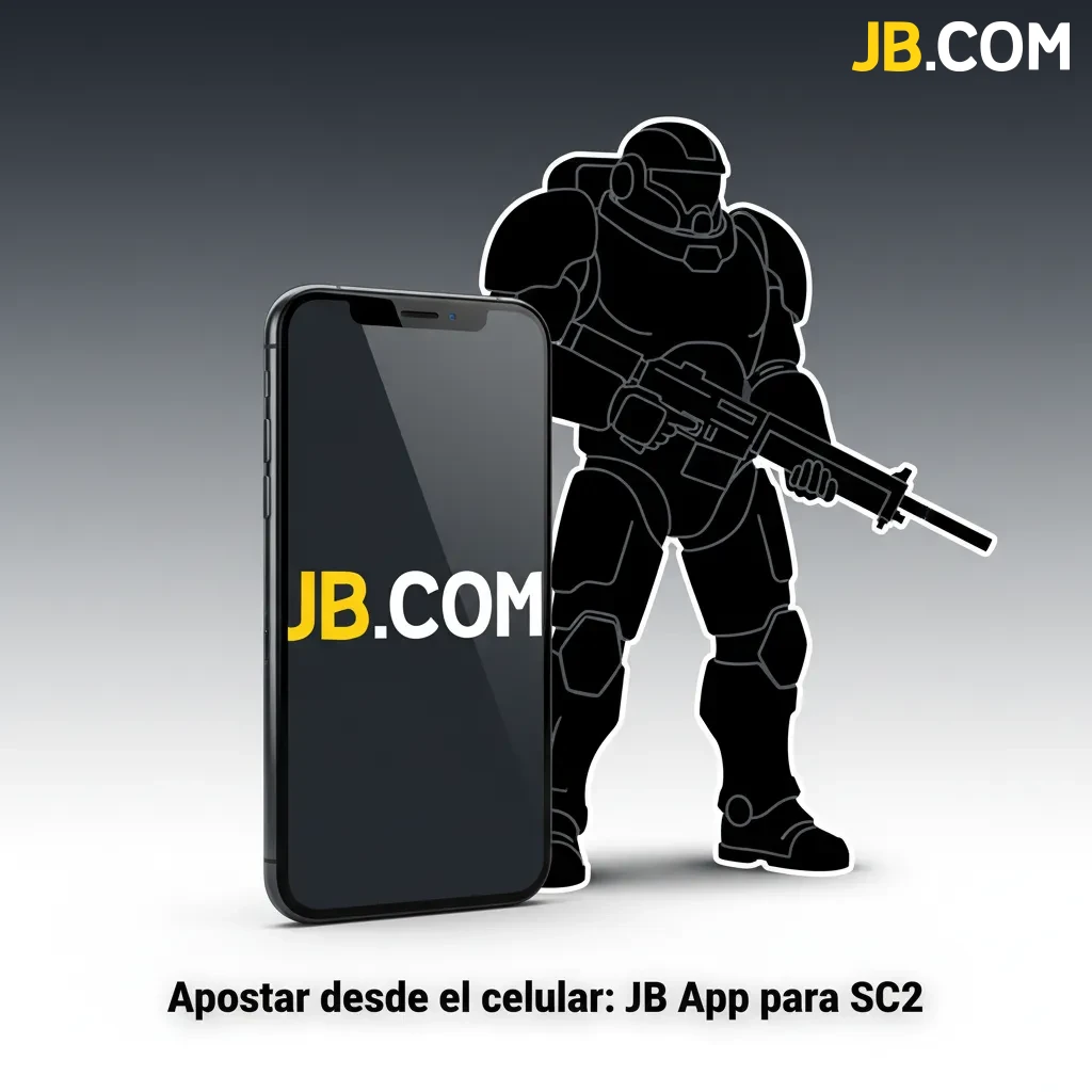 Teléfono mostrando la app JB para apostar en StarCraft II, con mercados en vivo, alertas y marcador de mapa en tiempo real.