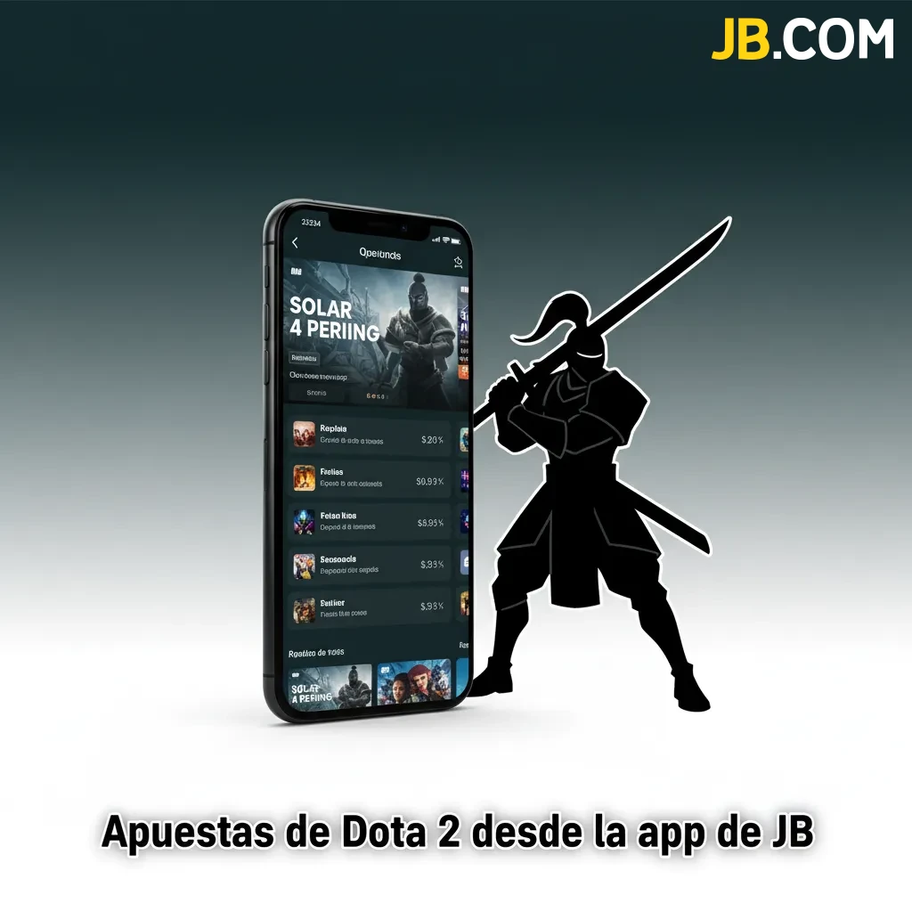 Celular con la app de JB mostrando apuestas en vivo de Dota 2, notificaciones y mercados listos para apostar.
