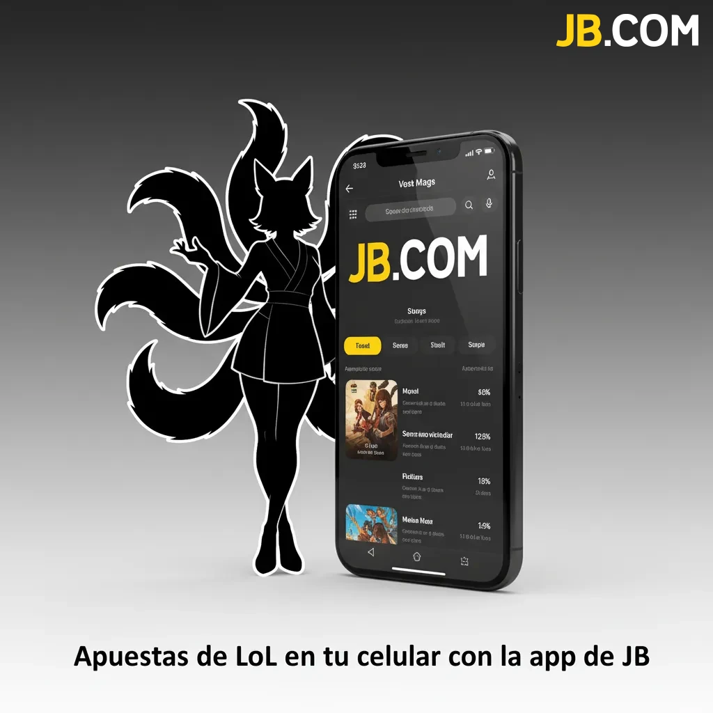 Smartphone con la app de JB abierta mostrando apuestas de LoL y cuotas, con iconos de descarga para Android e iOS.