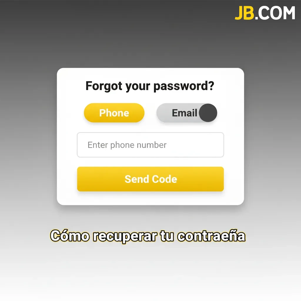 Pantalla de recuperación de contraseña con pasos: Olvidé mi contraseña, email o celular, enlace o SMS y crear nueva clave.