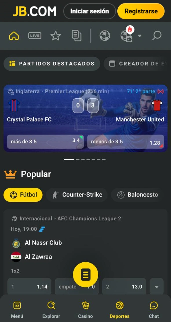 Apueste en sus eventos deportivos favoritos desde la aplicación JB Casino en Android.