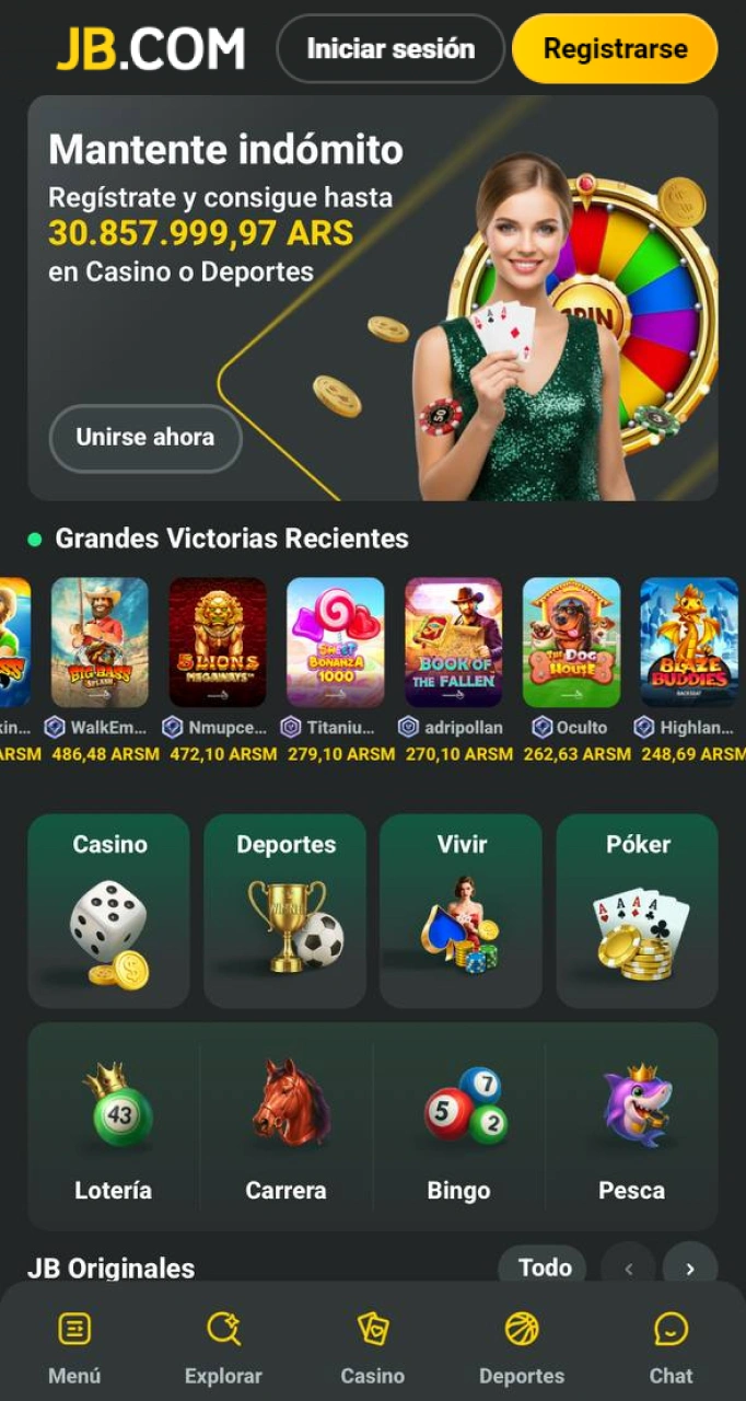 Accede a la interfaz de inicio de la App de JB Casino en Android para apostar.