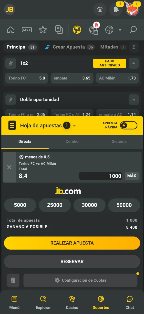Definí tu monto y confirmá la apuesta en JB Argentina.