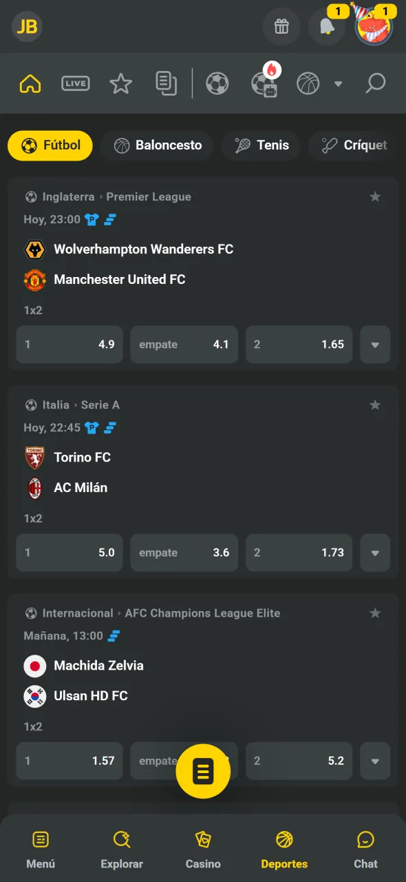 Elegí el deporte y la liga en JB para apostar.