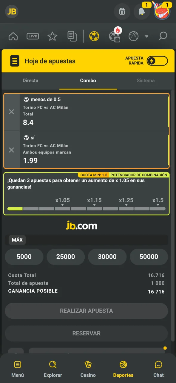 Combiná selecciones y completá apuestas múltiples usando JB.