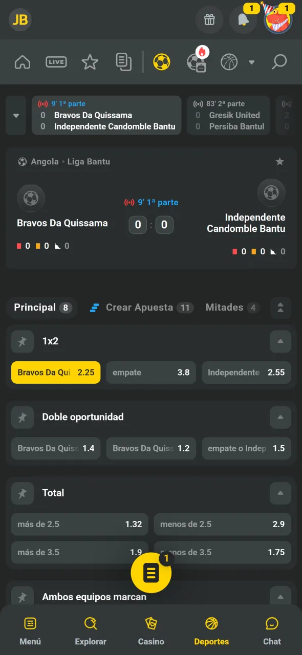 Seguí el partido y usá Cash Out en JB si aparece.