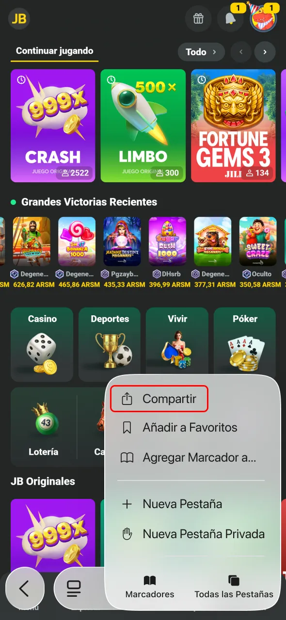 Tocá Agregar a pantalla de inicio y fijá JB en tu iPhone.