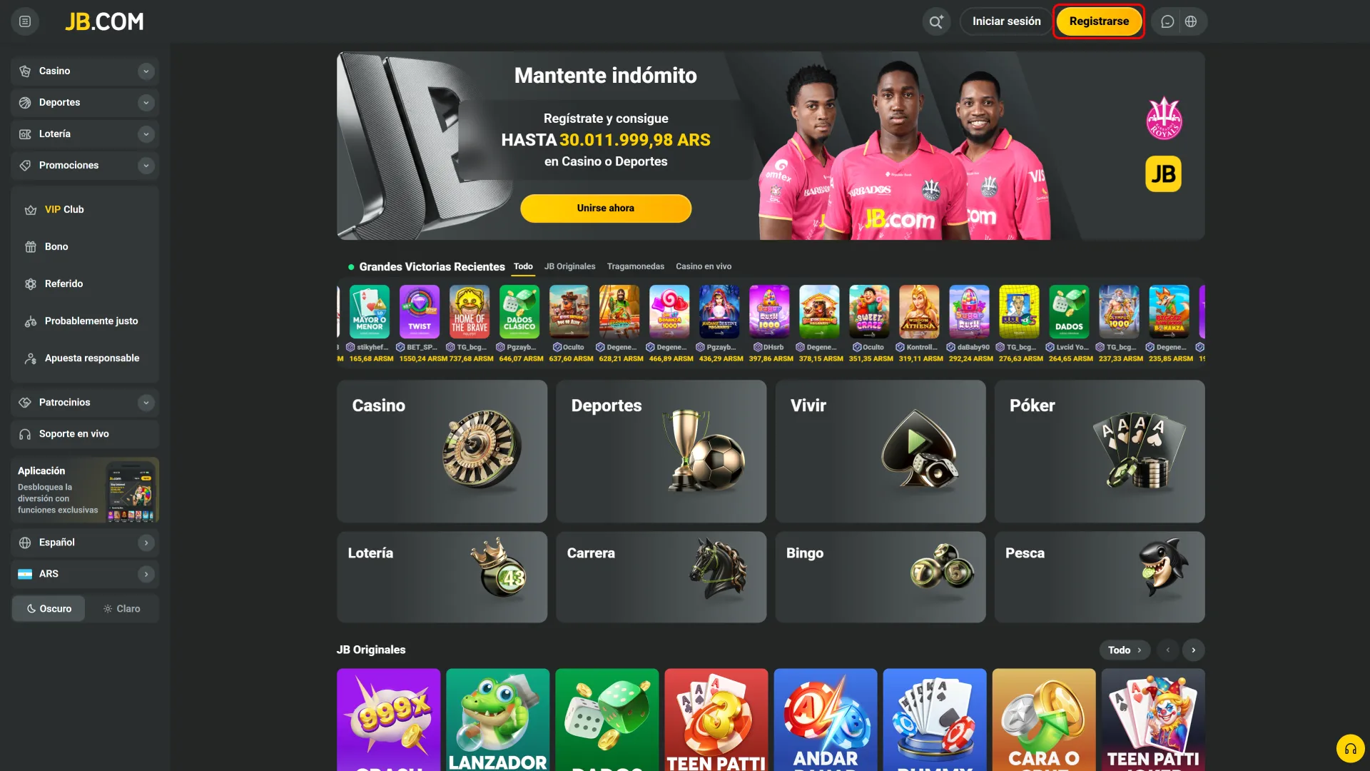 JB en Argentina permite registro por email o teléfono disponible.
