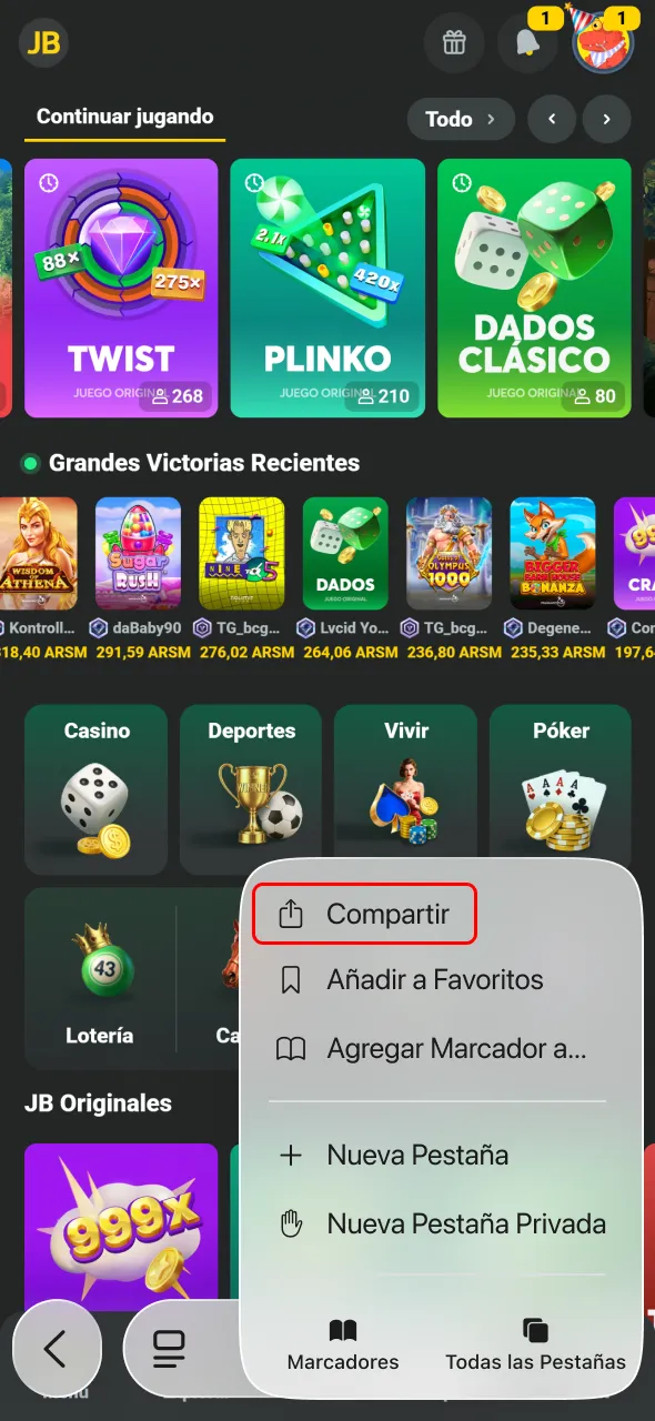 Tocá Compartir para fijar el acceso rápido de JB.