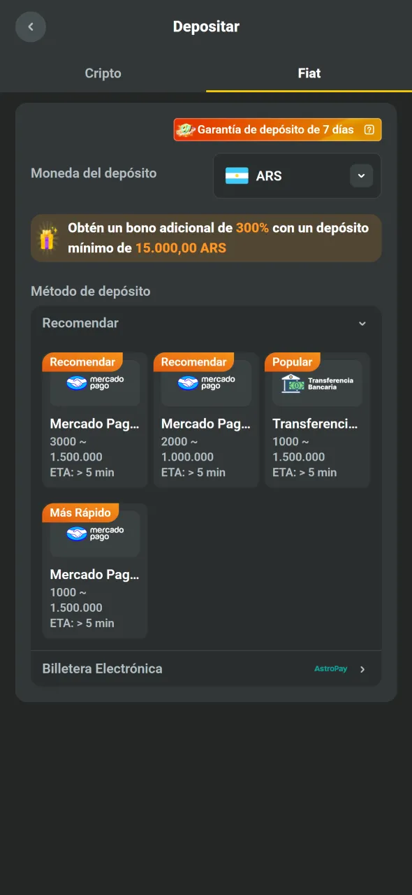Depositá ARS mediante Mercado Pago, transferencia o AstroPay en JB.