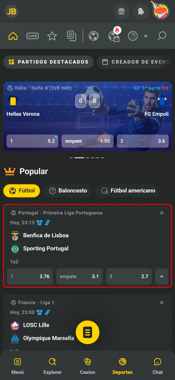 Seleccioná el evento y la cuota preferida dentro de JB Argentina.