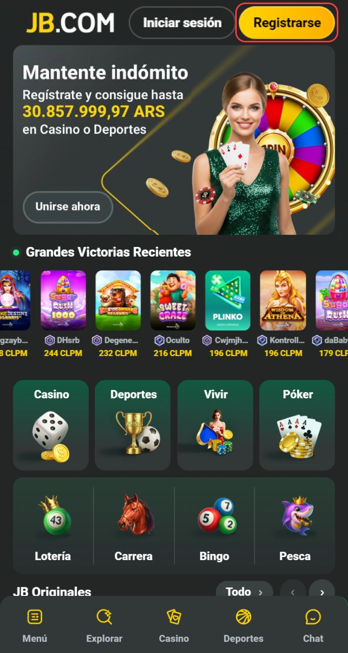 Hacé clic en el botón de acceso para iniciar tu Registro en JB Casino ahora.