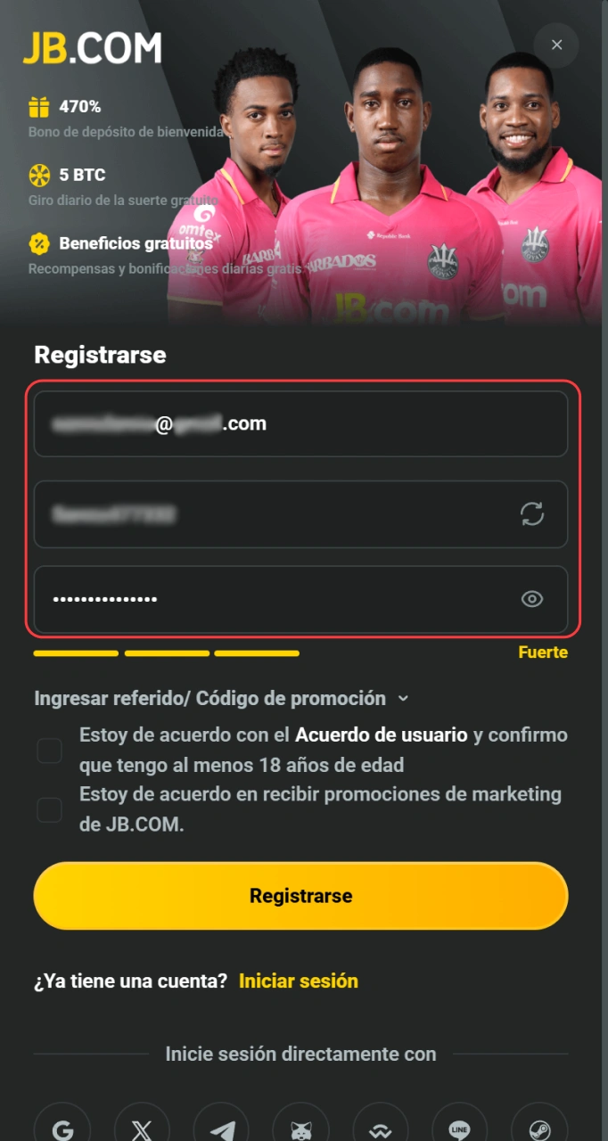 Completá el formulario con tus datos de contacto para avanzar con el Registro en JB Casino.