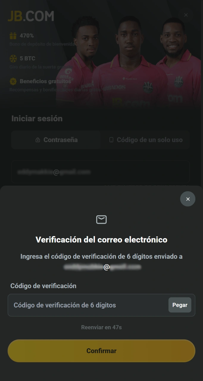 Validá tu identidad mediante el código enviado para confirmar tu Registro en JB Casino en Argentina.